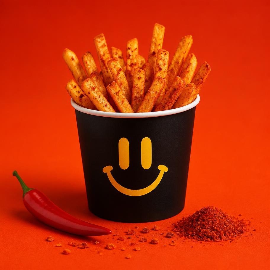 A SnackiFry cup of spicy seasoned fries with a red chilli