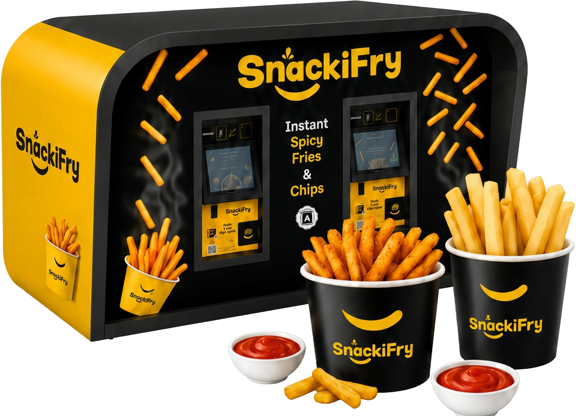 The SnackiFry vending machine with chips, spicy fries and ketchup