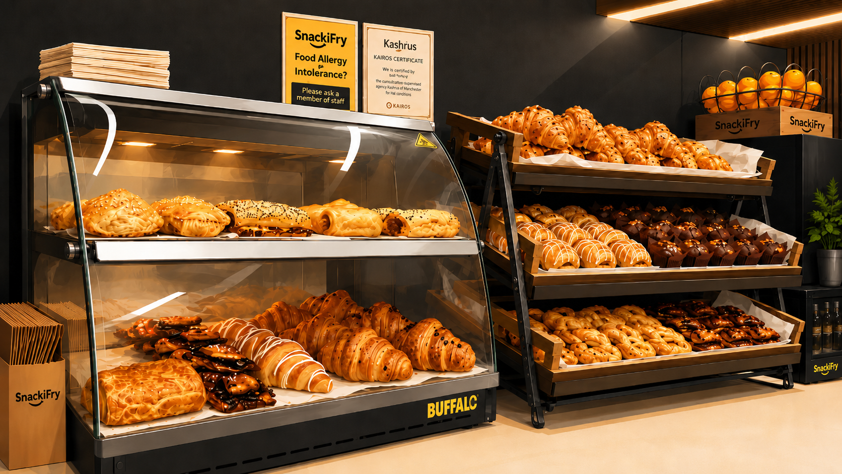 Display cabinet full of fresh croissants, danishes and pastries