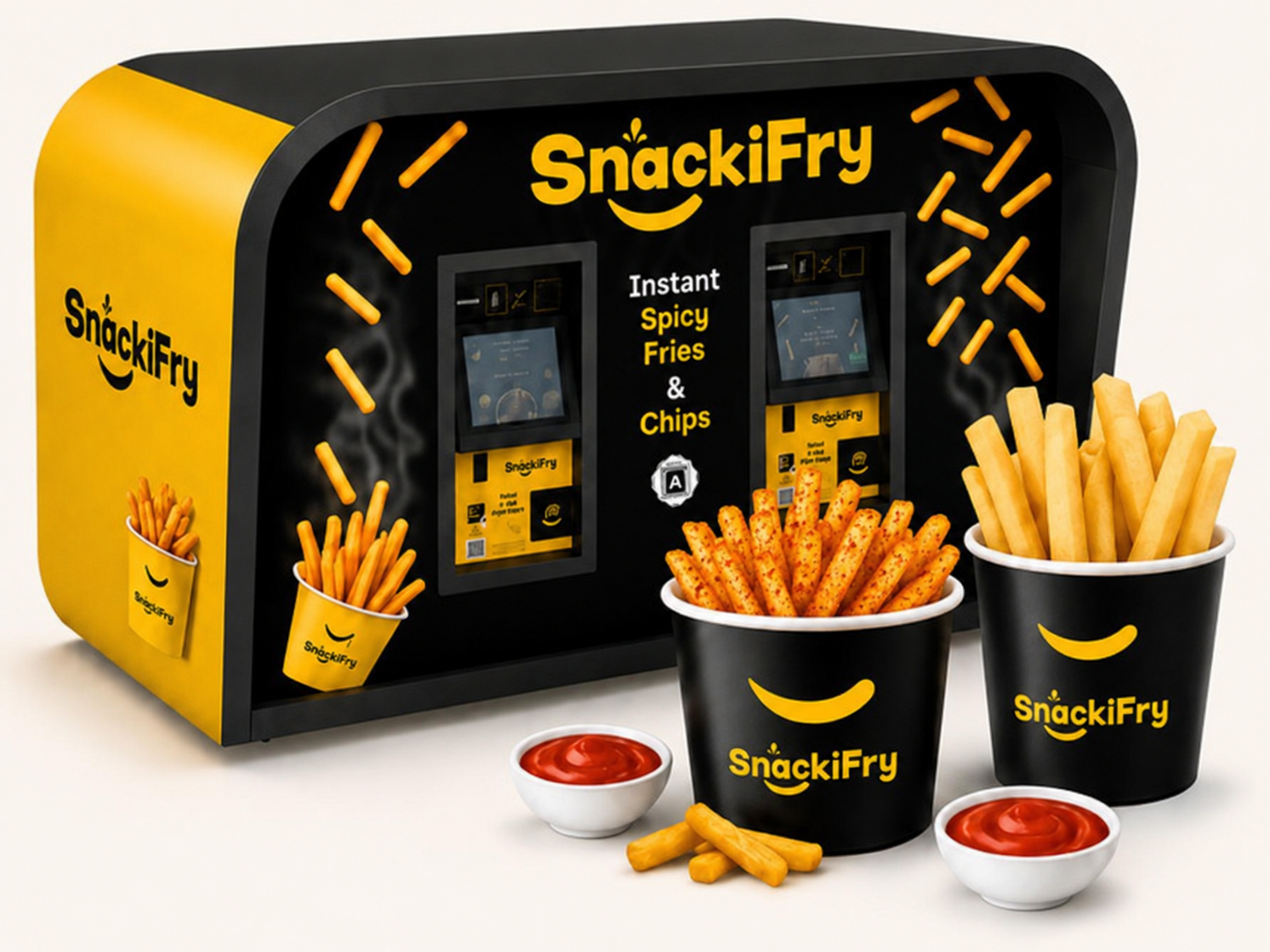The SnackiFry vending machine with two cups of hot chips and spicy fries