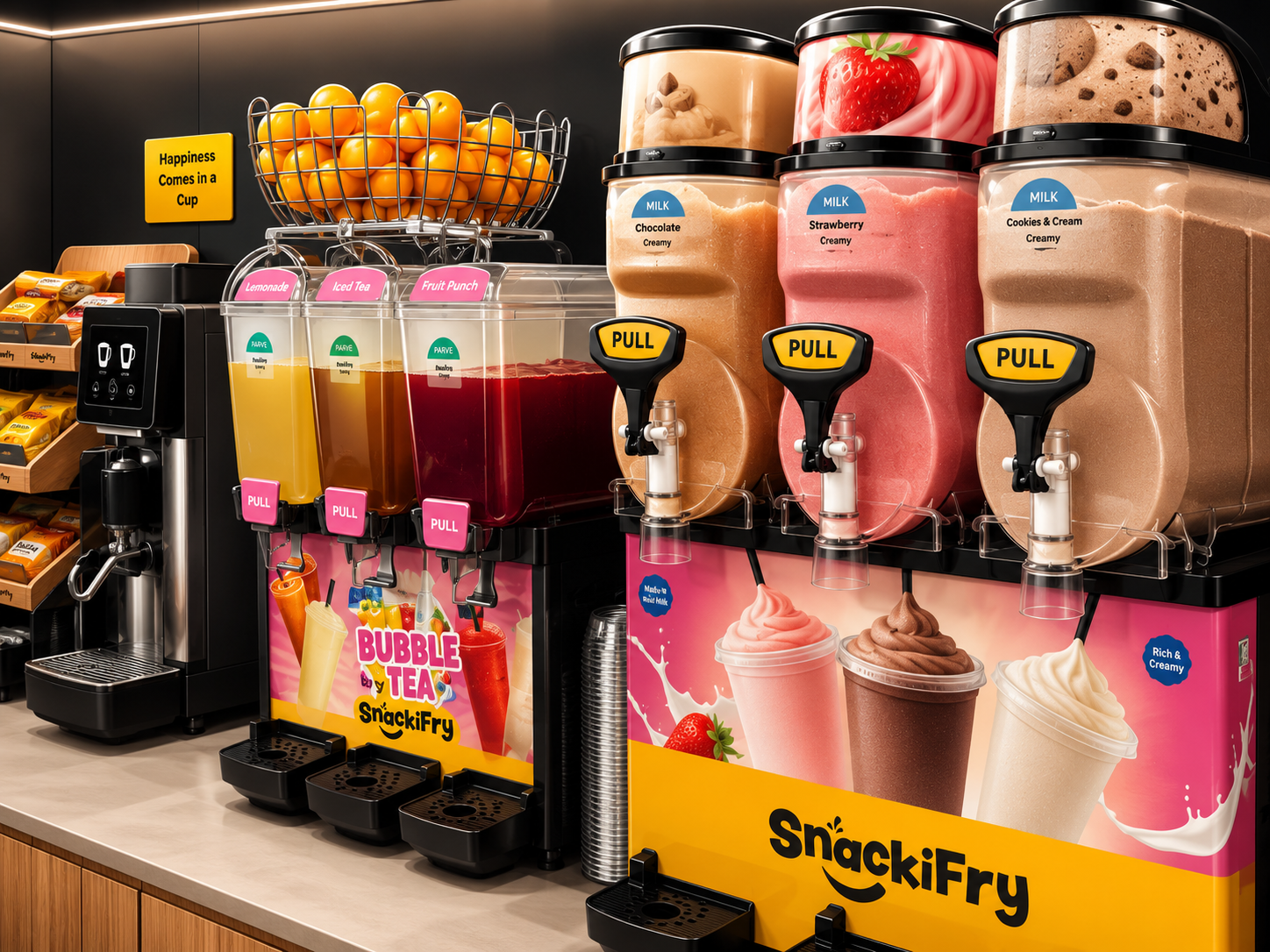 SnackiFry slush and milkshake machines with colourful cold drinks